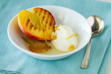 Grilled Peaches with Lemongrass Syrup and Ginger Crème Fraîche